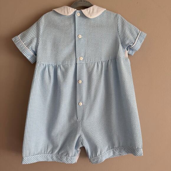 Luli & Me Smocked Fish Embroidered Romper Blue White Seersucker Baby Boy 24M - Picture 5 of 5